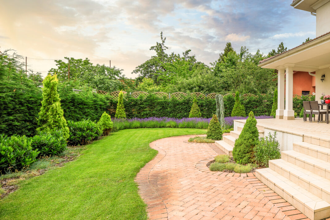 O curte cu dimensiuni generoase şi peluză de iarbă