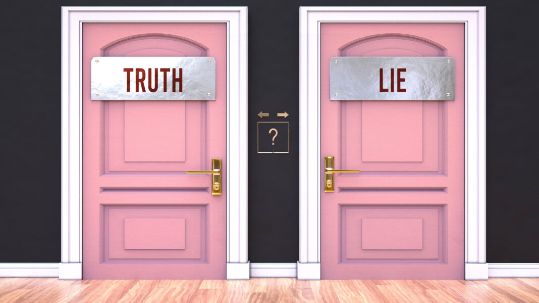Truth or Lie - making decision by choosing either one. Two alternative options manifested as doors leading to different outcomes. Selection and picking up either Truth or Lie.,3d illustration