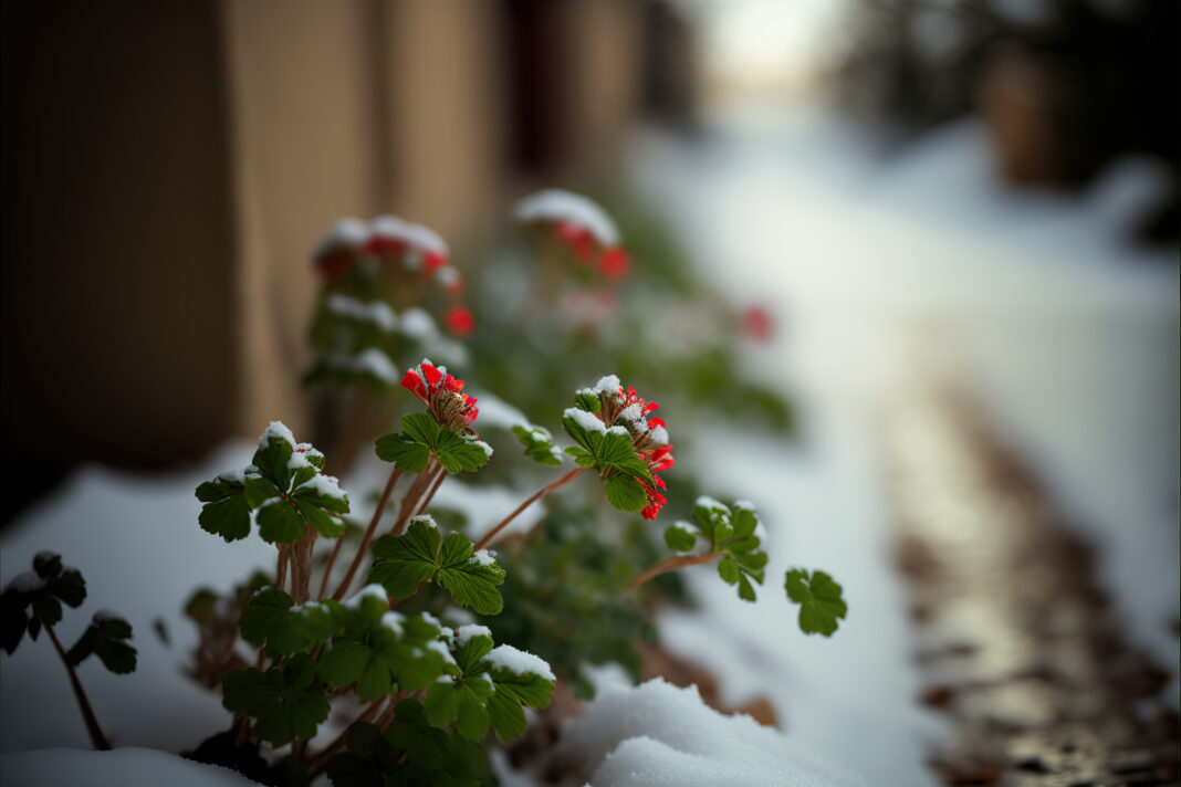 Geraniums flower in a snow covered street