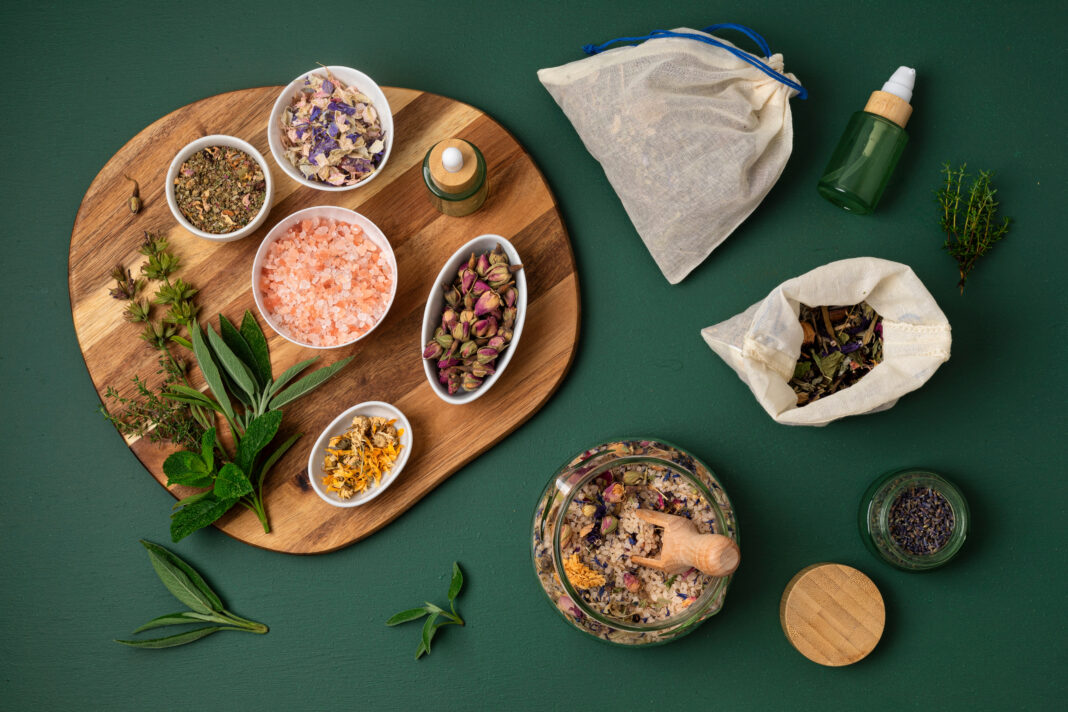 Botanical blends in cotton bags, salt, herbs, essencial oils for naturopathy