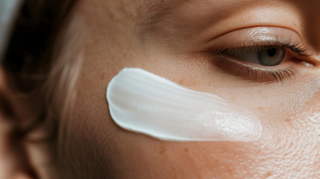 A thin line of cream delicately rests on the woman's skin in a care ritual. Smooth texture of cream on woman's skin in nutrition and hydration skin care routine.