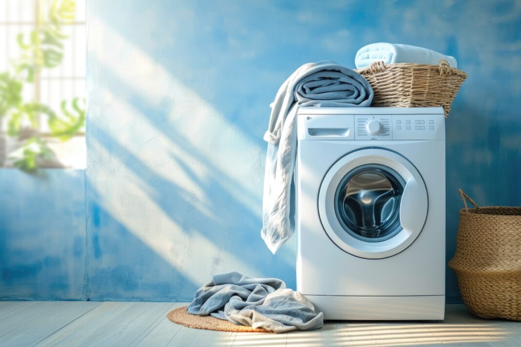 Modern washing machine and laundry basket near white wall indoors, space for text. Bathroom interior