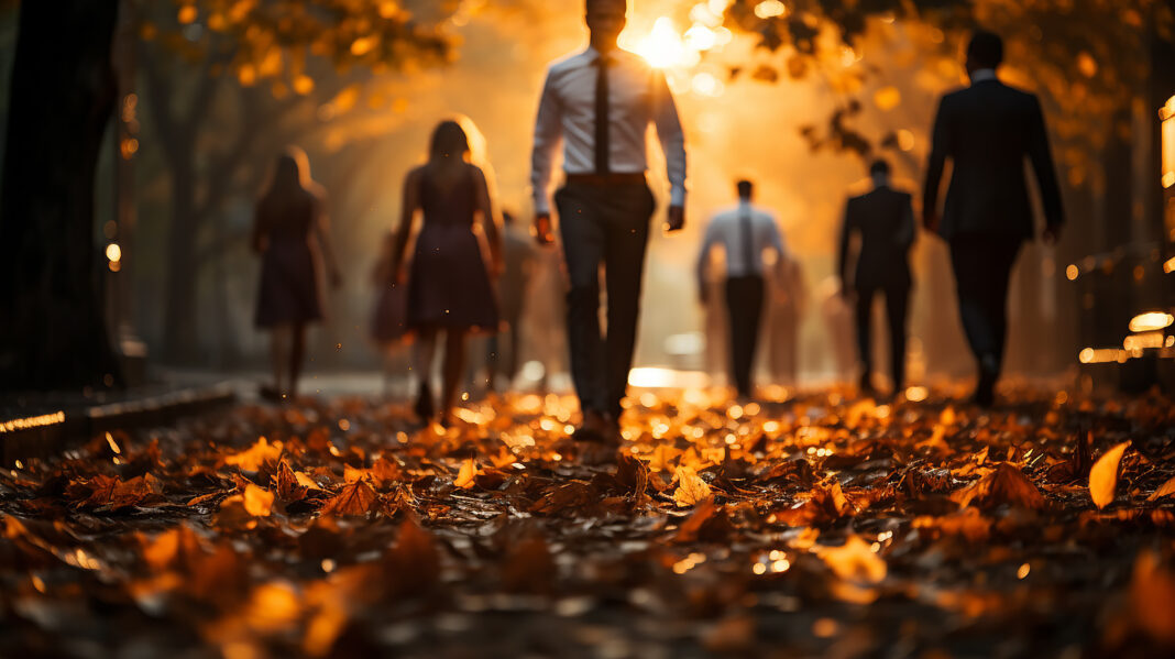 autumn falling leaves in the city park businessmen are running on yellow leaves joyfully scattering fallen leaves