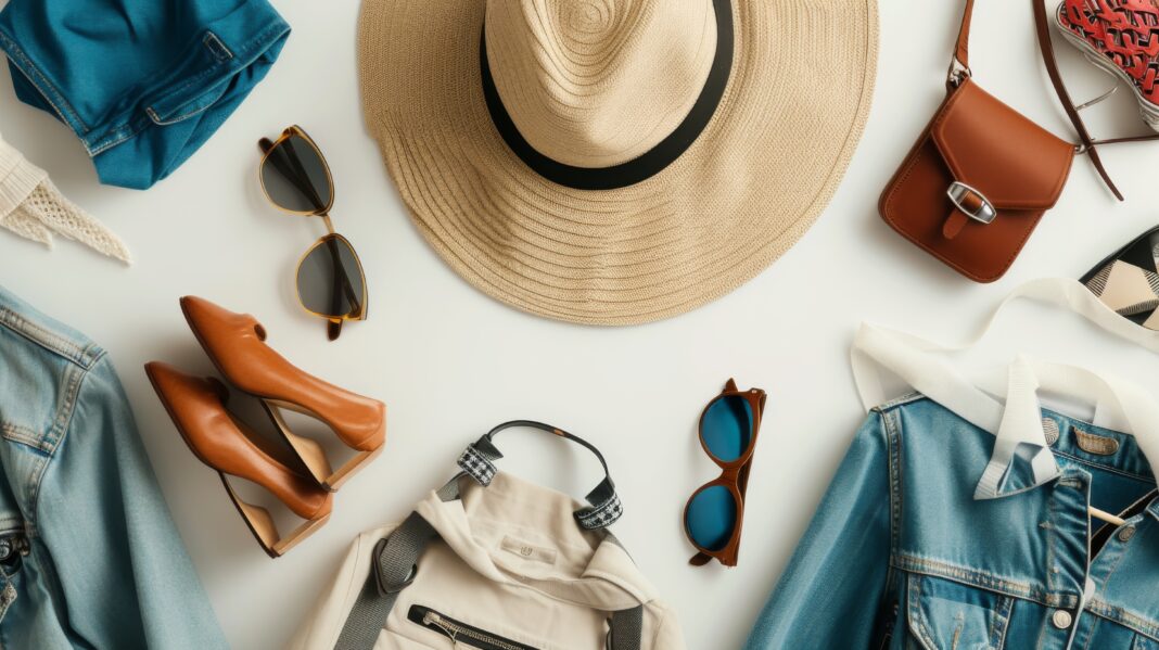 Women fashion clothing and accessories on a white background