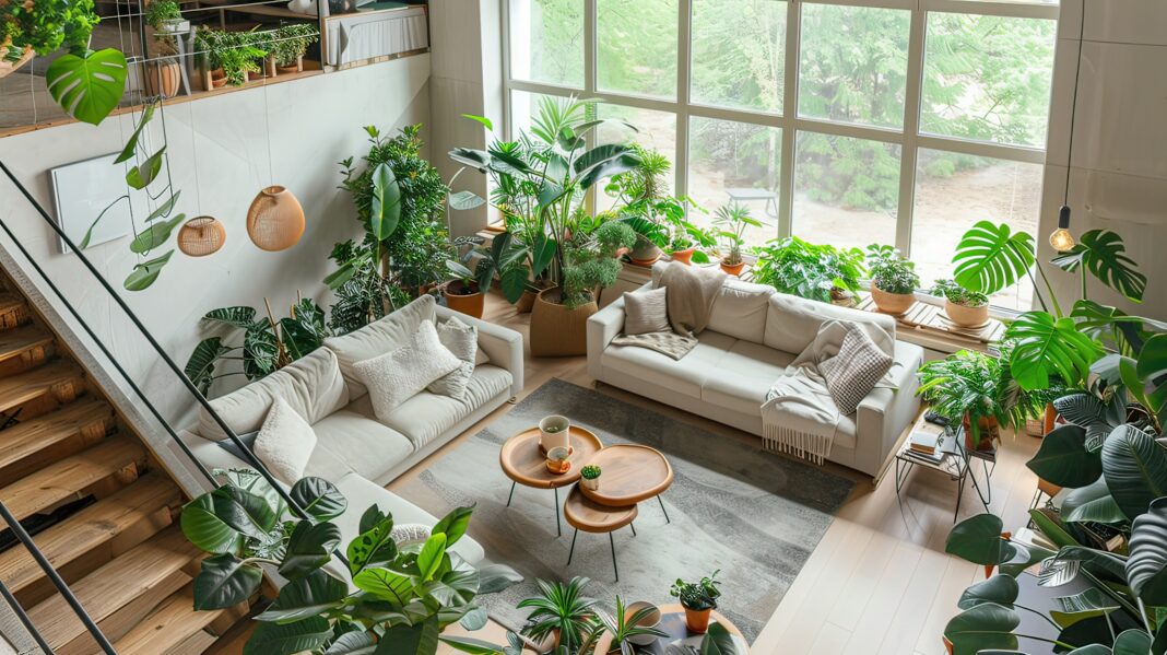 Modern living room with lots of house plants