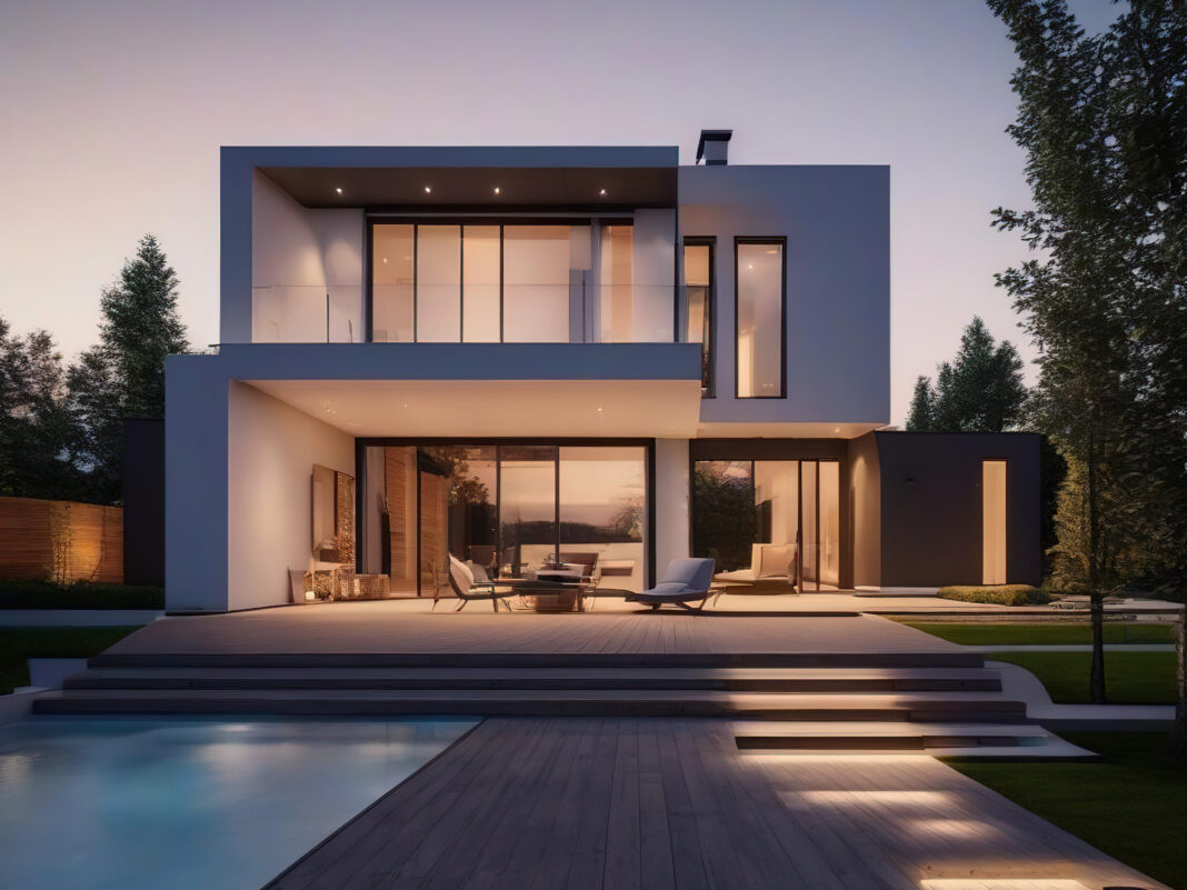 Modern luxury villa exterior with big swimming pool