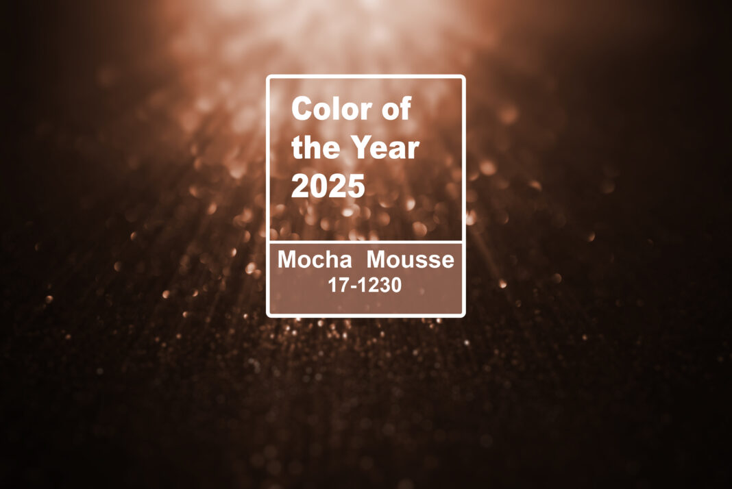Color of the year 2025 Mocha Mousse. Background blurred with glitter in the color of the 2025.