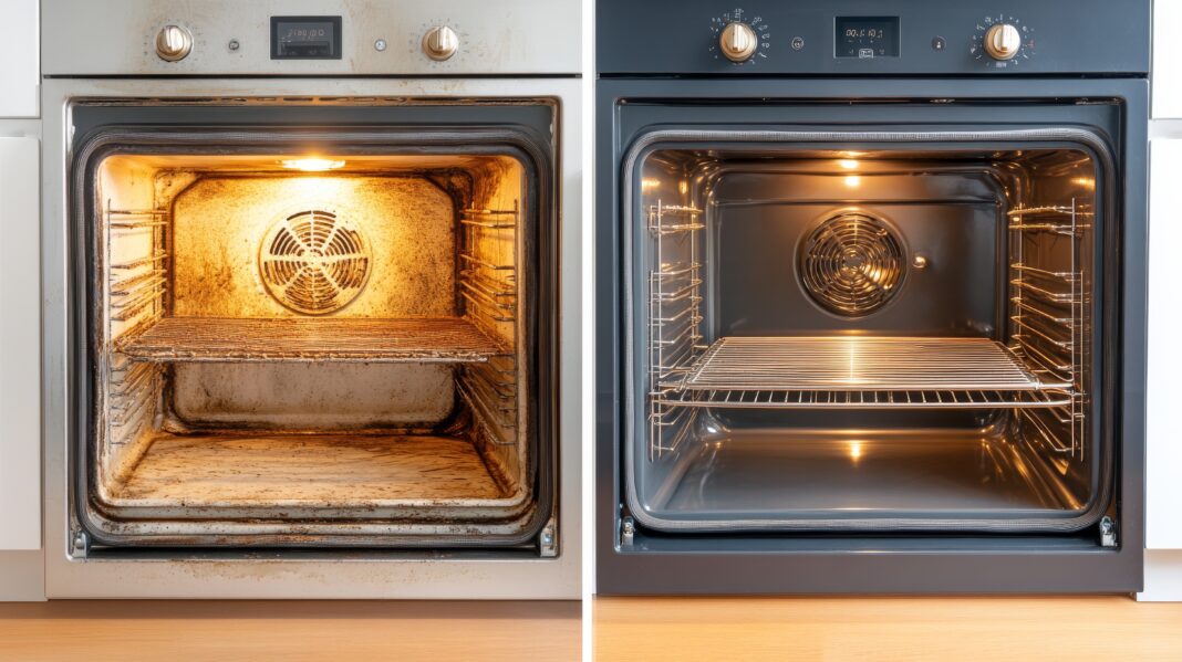 A dirty oven and a clean oven, both before and after the stove's glass has been scrubbed and washed, as well as the grease-smeared oven window door.