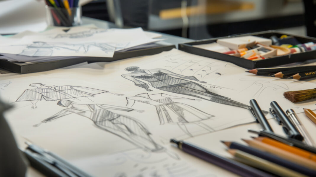 Close-up view of fashion sketches and tools on a designer’s desk during a creative session