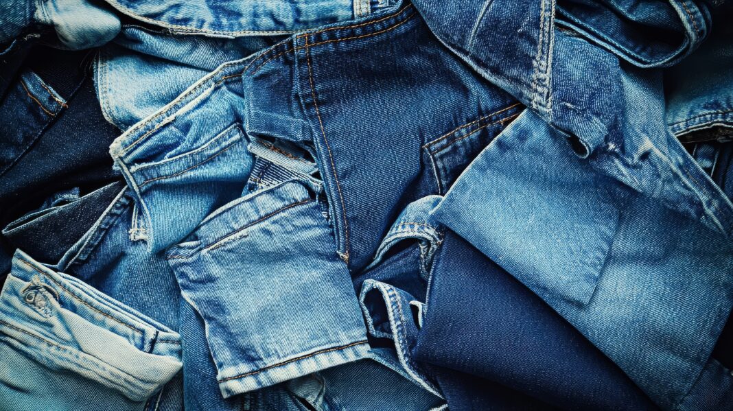 Denim fabric is known for its distinctive weave and texture.