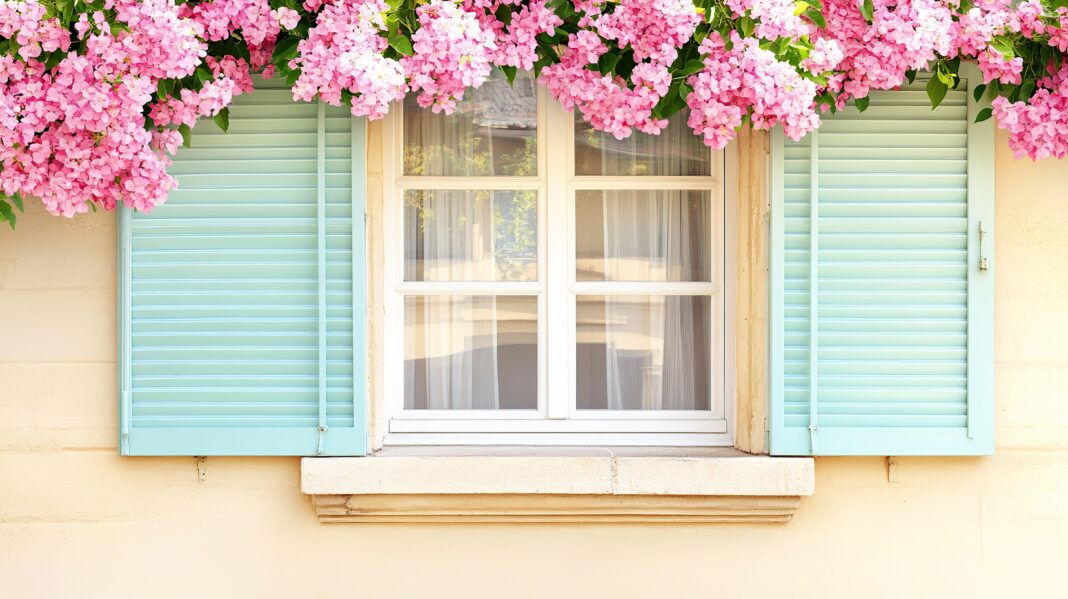 Pink flowers frame window, shutters, spring, house, background