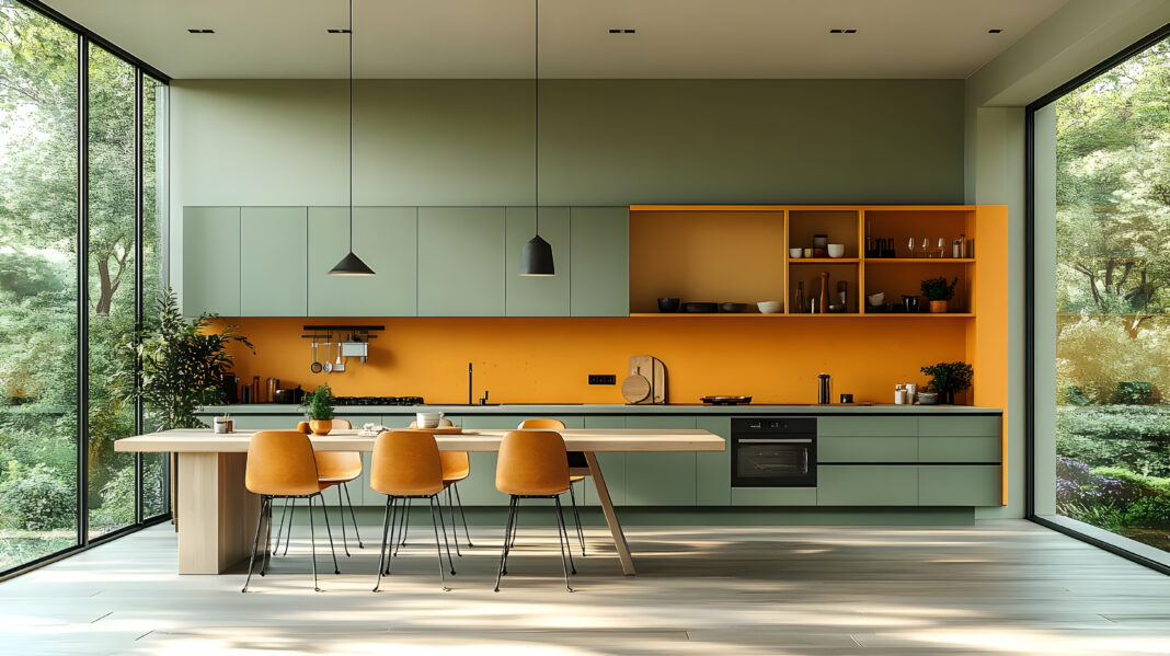 Modern kitchen with green and orange accents and large windows.