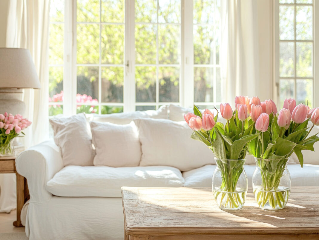 Sunlit living room with white sofa, tulips, and large windows.
