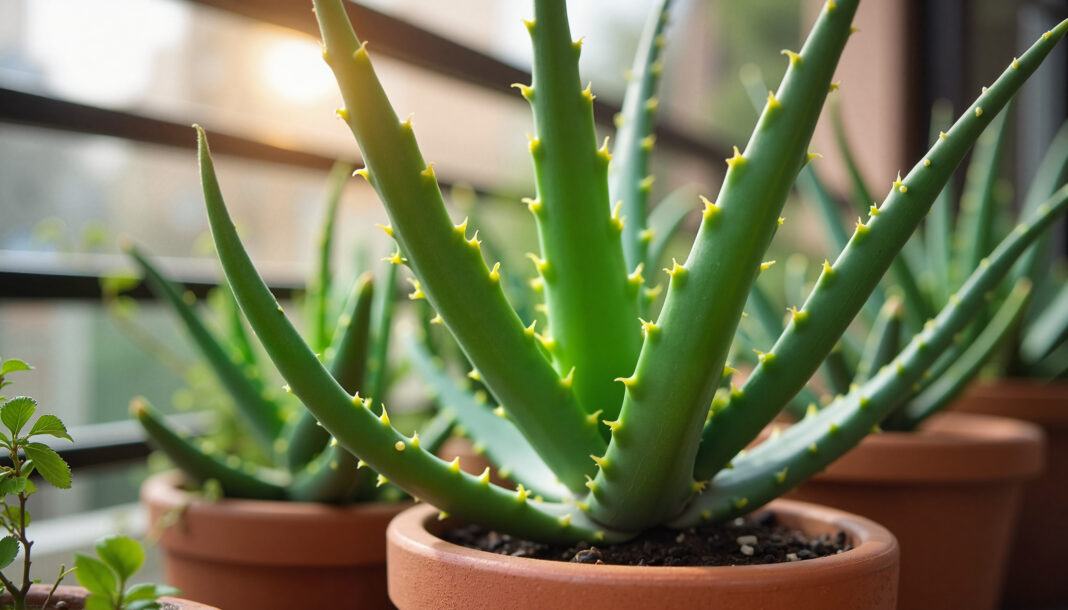 Aloe vera plant in terracotta pot on urban balcony garden at midday