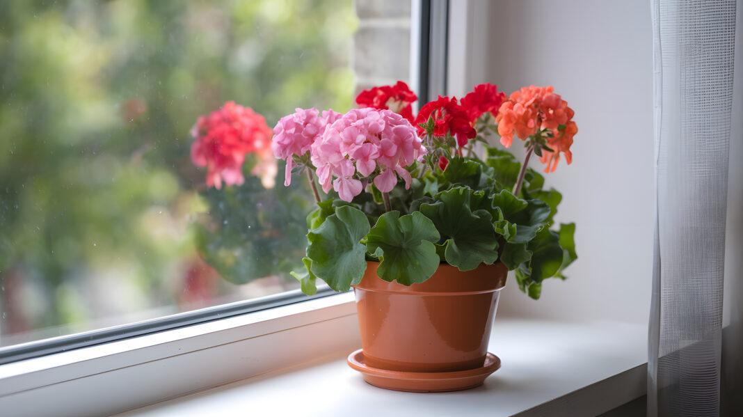 A pot of geranium flowers on a windowsill.