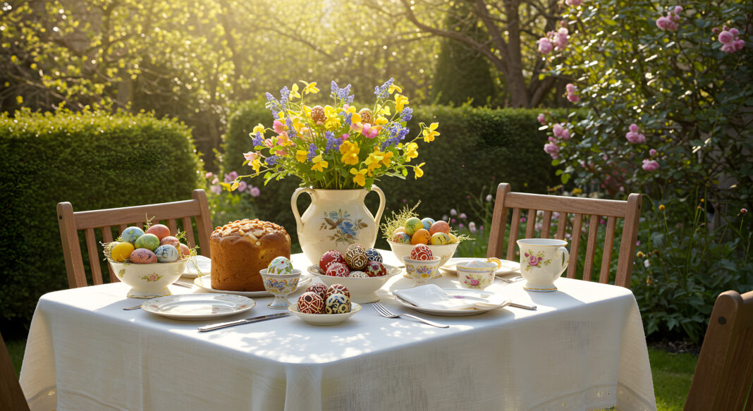 Beautiful spring easter garden table setting with colorful eggs and on transparent background blue