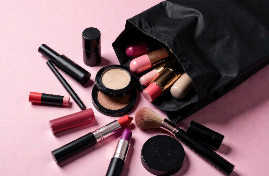 Close-up. Decorative cosmetics and makeup brushes fall out of a black bag on a pink background. Makeup shopping concept.