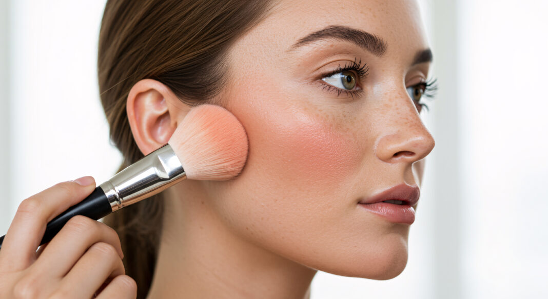Closeup of a beautiful woman applying pink blush with a cosmetic brush. Profile of a model with perfect glowing skin and natural freckles. Skincare, beauty routine, and professional makeup concept.