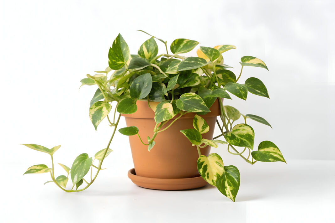 Trailing potos plant in a terracotta pot vibrant green and yellow leaves perfect for home or office decor