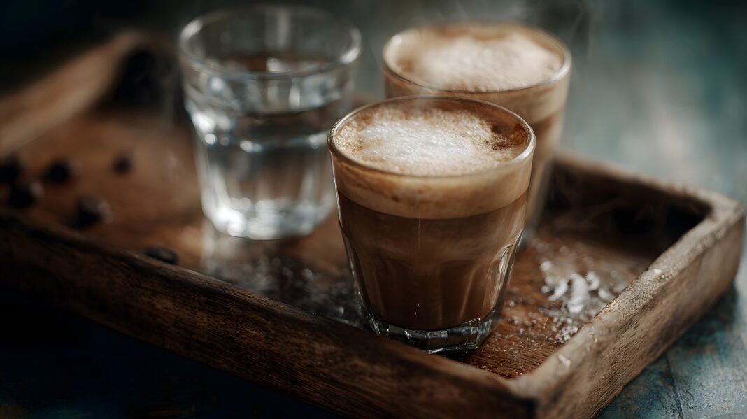 Two steaming chiato coffees and a glass of water served on a rustic wooden tray with coffee beans