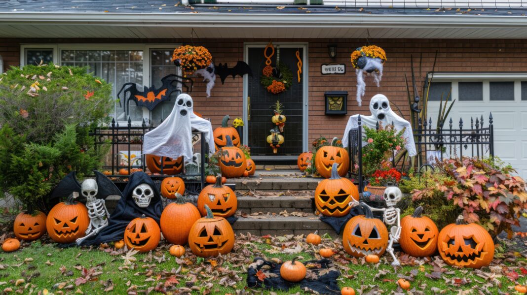 A front yard transformed with Halloween decorations including pumpkins, ghosts, and skeletons.